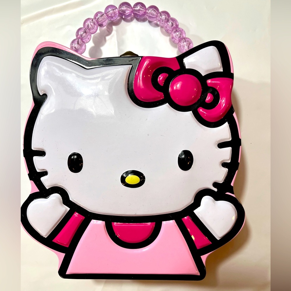 Hello Kitty CAT Face TIN box CARRY CASE latch Lock Pink Beaded Handle Sanrio OS